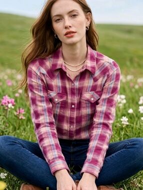 Wrangler 100% Cotton Pink Plaid Snap Front Pearlized Buttons Western Shirt Sz XL